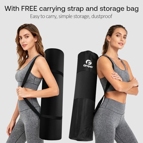Gruper Yoga Mat Non Slip NBR Extra Thick Yoga Mat, 72"L x 32"/24"W x 0.6"/0.4"TH (185cm x 80cm/61cm x 15mm/10mm), Anti-Tear Exercise Mat with Carrying Strap and Bag, Workout Mats for Yoga, Pilates - color: Black, size: 72 x 32 x 0.6 inches