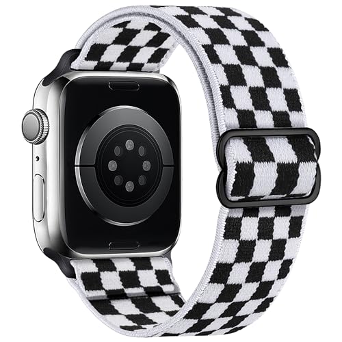 Stretchy Nylon Loop Bands Compatible with Apple Watch 38mm 40mm 41mm 42mm 44mm 49mm Adjustable Soft Elastics Strap Compatible with Apple Watch SE Ultra iWatch Series 8/7/6/5/4/3/2/1 (Black and - color: 1-Black and white check, size: 42mm(Series 3)/44mm/45