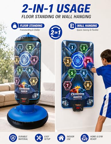 2026 New 51-Inch Punching Bag for Kids with Music,Birthday Gift for Boys | 4 Game Modes, 8 Targets,Boxing Equipment, Outdoor Toys for children Ages 4-12