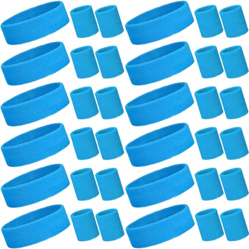 Bememo 36 Pcs Neon Sweatbands Set Soccer Party Favors Cotton Headbands Wristband Sweat Bands Soccer Mom Essentials for Football Fans Sporting Events 80 90s Glow Party - color: Blue, size: Small