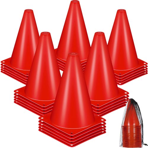 Syhood 30 Pack 7 Inch Plastic Traffic Cones Sports Training Agility Marker Mini Cones for Soccer, Skating, Football, Basketball, Indoor and Outdoor Games Sports Practice Equipment - color: Red