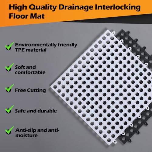 Tinideya 50 Pcs Drainage Interlocking Floor Tiles, 12'' x 12'' Soft TPE Non Slip Shower Floor Tiles for Pool Bathroom Shower Balcony Patio Locker Room Basement Stairs(Dark Gray and White) - color: Dark Gray and White