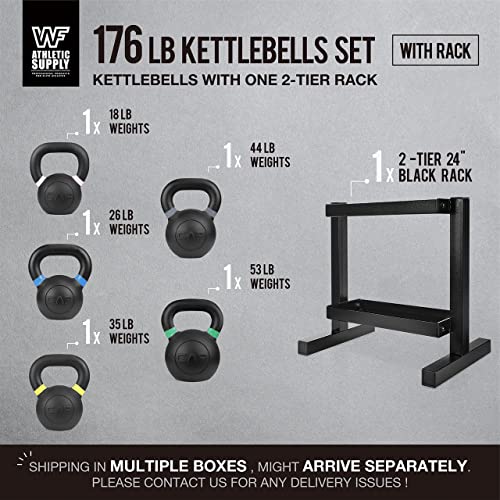 WF Athletic Supply Powder Coated Kettlebells, Black Matte Kettlebell Weights for Strength Training, Conditioning and Functional Fitness, LB and KG Markings - color: k. 176 LB set with Rack