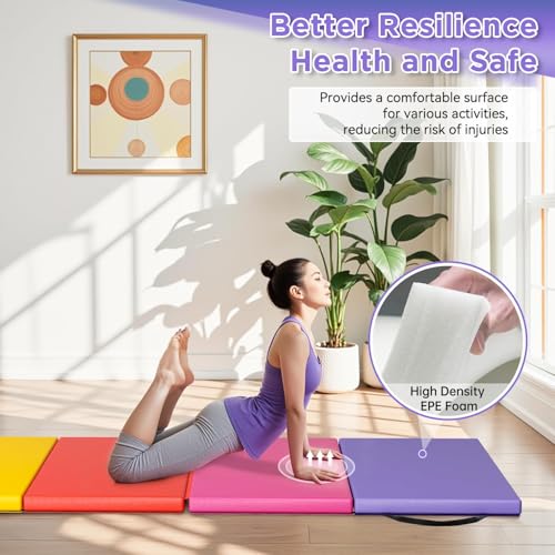 BLKMTY Gymnastics Mats - 2'x6' Folding Exercise & Yoga Mat with Carrying Handles for Kids' Tumbling & Home Gym - color: Colorful