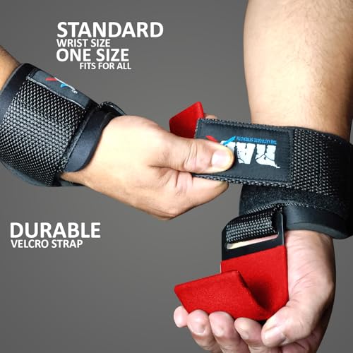 RAD Weight Lifting Hooks (Pair) Comfortable Anti-Rip Nylon Strap Extra Strong Hand Grips for Men & Women Powerlifting Heavy Duty Thick Wrist Padding Gym Workout Enhancer for Power Deadlift Pull Up - color: Red