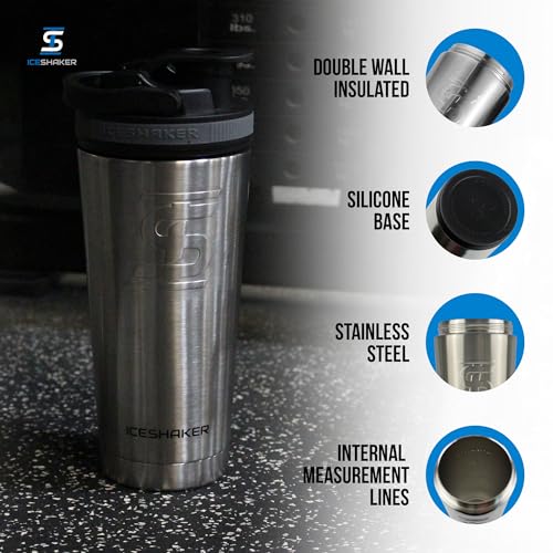 Ice Shaker Insulated Stainless Steel Shaker Bottle | 26oz, Stainless Steel | Cold for 30+ Hours | Insulated Cup with Twist-on Agitator | Odor-Free Bottle for Protein Shakes, Water, Cocktails - color: SS