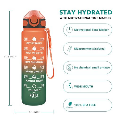 Enerbone 32 oz Drinking Water Bottle with Times to Drink and Straw, Motivational with Carrying Strap, Leakproof BPA & Toxic Free, Ensure You Drink Enough Water for Fitness Gym Outdoor - color: Dawn Fields