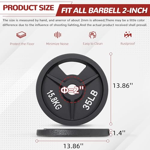 Fitvids 2-Inch Olympic and 1-Inch Standard Cast Iron Weight Plate for Strength Training & Weightlifting, Multiple Weights Available - color: Olympic (2-Inch Center), style: 35LB Pair
