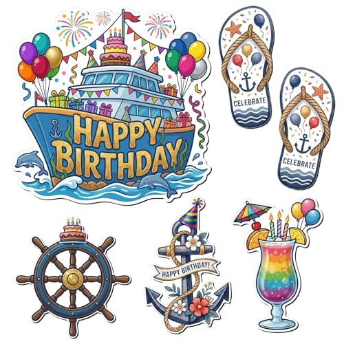 Kanayu 6 Pcs Happy Birthday Cruise Door Decorations Magnetic Large Ship Decorations Magnets Anchor Cruise Decor Car Fridge Magnet Decal for Carnival Stateroom Door - style: Happy Birthday