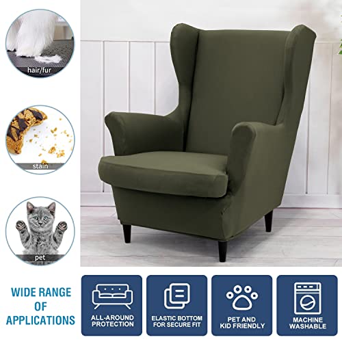NILUOH Wingback Chair Cover 2-Piece Soft Stretch Wing Chair Slipcover Solid Color Armchair Sofa Couch Cover Furniture Protector with Elastic Bottom for Living Room Bedroom (Gray-Green) - color: Gray-green