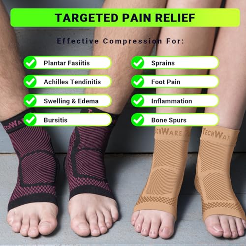 TechWare Pro Ankle Brace Compression Sleeve - Plantar Fasciitis Sock. Relieves Achilles Tendonitis. Foot Arch Support Reduces Joint Pain, Swelling & Heel Spur Pain. Injury Recovery Braces for Sports - color: Black / Pink, size: S / M (see size chart)