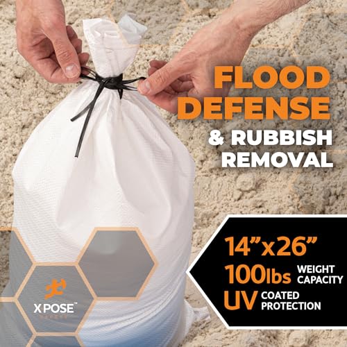 Xpose Safety Heavy Duty Sand Bags with Tie Strings – Empty Woven Polypropylene Sandbags for Hurricane Flood Protection, 100 lb Capacity, 14" x 26", White, Pack of 10 - color: White, size: 10 Sandbags