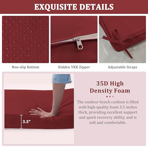 Premium Outdoor Bench Cushions for Patio Furniture 3.5inches Memory Foam Bench Cushion Waterproof Fade Resistant Porch Swing Cushions with Straps 42×18 Inch Burgundy - color: Burgundy, size: 42'' x 18'' x 3.5''