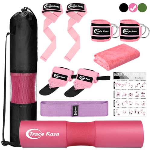 Barbell Pad Set: 10 PCS Gym Equipment Accessories | Squats Hip Thrusts Pad Ankle Straps for Cable Machines Women Men Hip Resistance Band Weight Lifting Straps Wrist Wraps - color: Pink