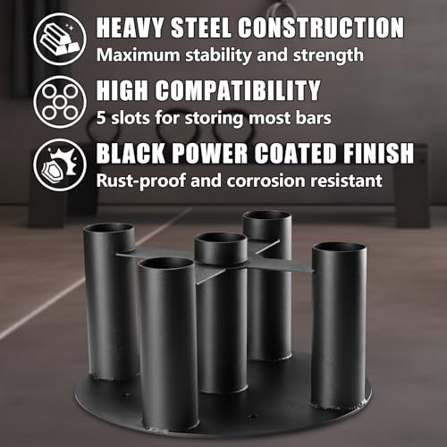 Barbell Holder Storage Rack, Heavy Duty Vertical Stand for Home & Commercial Gym, Fits 2-inch Olympic, Curl, Hex Bars, Corner Floor Stand, Holds 5 Bars