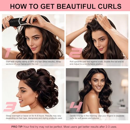 Heatless Curls Overnight Hair Care Set - Jumbo Velvet Hair Curlers | No Heat Hair Rollers for Women, Comfortable Sleep-In Hair Rollers with Satin Scarf, No Heat Damage Curling Rods for All Hair - color: Pink-6PCS