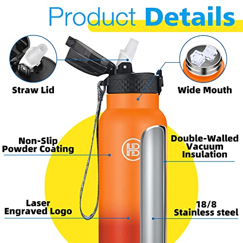 Han's Bottle Sports Water Bottle - 32 Oz, Straw Lid, Leak Proof, Vacuum Insulated Stainless Steel, Double Walled, Thermo Mug,Fire - color: Fire, size: 32 Ounces