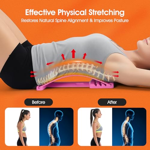 Premium Back Stretcher for Lower Back Pain Relief – 4-Level Adjustable Lumbar Support Board with Soft EVA Massage Strip – Durable & Portable Back Cracker to Release Tension and Reset Your Day (Pink) - color: Pink