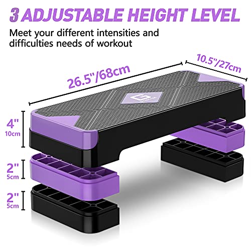 GYMMAGE Aerobic Exercise Step, Adjustable Height, | Aerobic Workout Step Platform for Exercise, 26.5" Step Deck with Adjustable Height, Women Home Gym Cardio Fitness - color: Purple