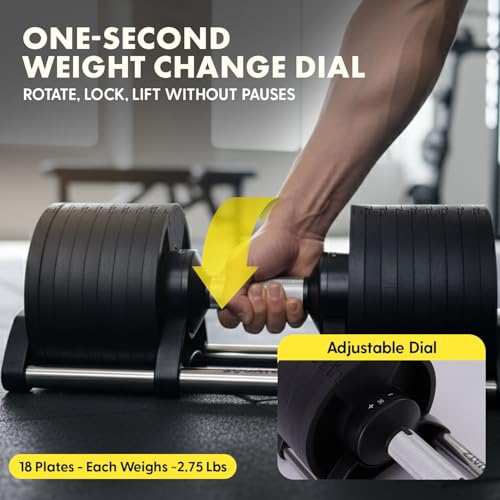 SQUATZ Adjustable Dumbbells with Quick Weight Change, Space-Saving Dumbbell Set with Anti‑Slip Handle, Secure Locking System, Heavy‑Duty Plates & Base for Home Workout and Strength Training - size: 70 LB - Single