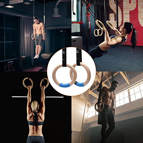 PACEARTH Gymnastics Rings Wooden Olympic Rings 1500/1000lbs with Adjustable Cam Buckle 14.76ft/9ft Long Straps with Scale Non-Slip Gym Rings for Home Gym Full Body Workout - size: 1.25" (32MM) Rings & Straps