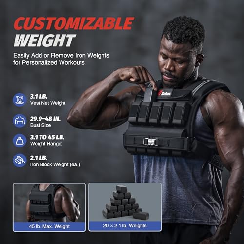 ZELUS Weighted Vest Men, 23lbs/36lbs/45lbs Adjustable Weight Vest with 10/16/20 removable Iron Weights and Reflective Strips, No-Bounce Design for Strength Training, Running, HIIT & Calisthenics - size: 45LB
