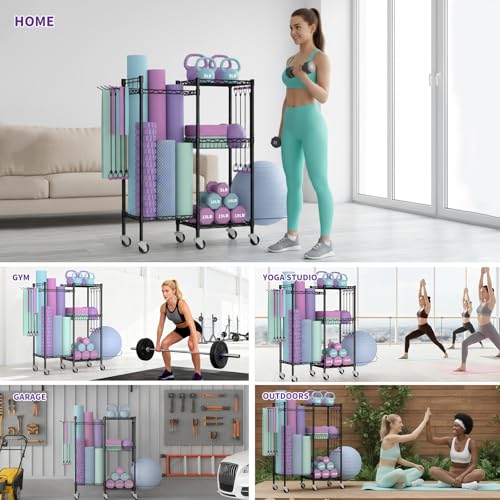 Dumbbell Rack, Home Gym Storage with Locking Wheels & 4 Hooks, 4 Tier Adjustable Workout Equipment Storage for Yoga Mat, Foam Roller, Dumbbell, Kettlebell, Fitness Ball and Resistance Band