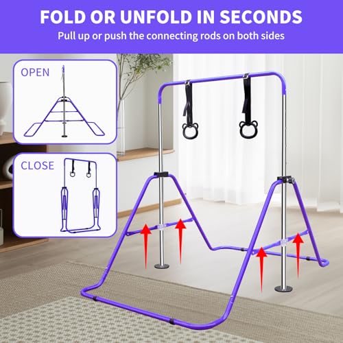 Gymnastics Bars for Kids with Rings, Junior Kip Training Bars Equipment for Home, Folding Height Adjustable Horizontal Bars - color: Purple