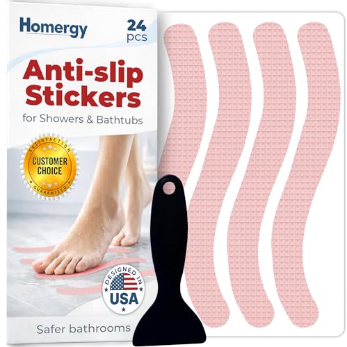 Anti-Slip Shower Stickers - Help Reduce Slipping in Bathtub & Shower, Pink Non-Slip Bath Strips, Strong Adhesive Bathtub Appliques Suitable for Homes with Kids, Adults & Seniors - 24 Pcs - Homergy - color: Rose Pink
