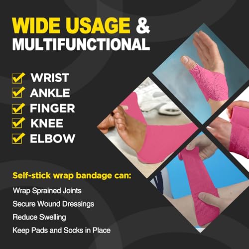 OK TAPE 12 Rolls Self Adhesive Bandage Wrap, Elastic Athletic Tape, Self Stick Bandage Tape, Vet Wrap, Medical Wrap for Wrist, Feet, 2" x 5 Yards - Pink - color: Pink, size: 2 Inch