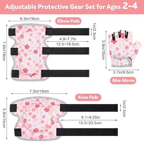 Soft Toddler Knee Pads and Elbow Pads Set with Bike Gloves | Non-Slip Toddler Knee Pads for Boys Girls 2-4 Years, Breathable Kids Protective Gear for Balance Bike, Scooter, Bicycle - color: Pink Flowers