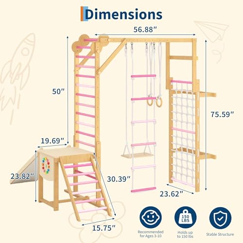 PeakPursuit 8-in-1 Indoor Jungle Gym for Kids Ages 3-10 – Wooden Climbing Structure with Slide, Swing, Monkey Bars, Gymnastic Rings, Climbing Rope – Indoor Playground Toy – Natural Wood Color