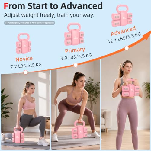 Abahub 2 in 1 Kettlebell & Dumbbell Set for Home Gym, Adjustable Weights Dumbbell Set with Kettlebell Grip Converter, Full Body Workout Kettlebell Set of 2 for Men Women - color: Pink