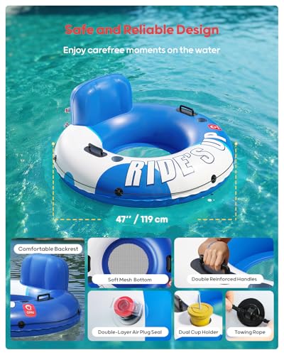 QPAU Inflatable River Tube, 0.4 mm Thickened Puncture-Resistant Heavy Duty River Float, River Raft with Ergonomic Backrest, Mesh Bottom & 2 Cup Holders for Adults and Friends Lake Float - color: Blue&White