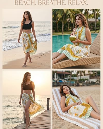 Beach Cover Ups for Women, Cotton Sarong Wrap Pareo | 100% Cotton Sarong Wraps For Women, 73 x 44 In. Pareo Beach Wrap, Bikini Cover Up, Bathing Suit Cover Up, Resort Wear - color: Golden Tainoi