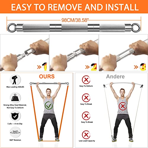 DASKING Detachable Resistance Bands Bar 30"/35.4"/38.5" Length Max Load 500LBS for Home Gym Full Body Workout Fitness Bar - style: Total Length:98cm/38.5"