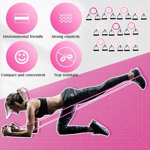 Shappy 10 Pcs Resistance Bands with Handles Exercise Stretch Bands for Exercise Woman Man Training Physical Therapy Workouts Fitness - color: Pink