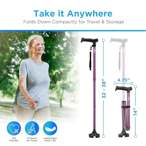 NOVA Foldable Quad Cane for Seniors, Self Standing Adjustable Walking Cane with Pivoting Quad Tip, Lightweight Collapsible Mobility Aid, Bonus Carry Pouch & Replacement Tips, Purple - color: Purple