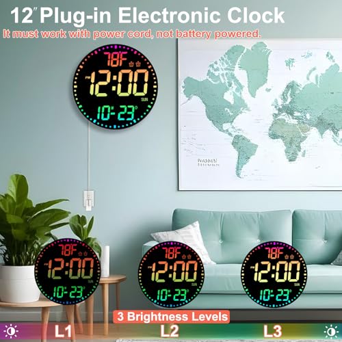QINFIEY Large 12" RGB Color Changing Digital Wall Clock with Remote Control | LED Display Plug-in Clock with 3 Brightness Levels & Temperature Display | Perfect for Home, Gym, Classroom, Office - color: Rgb, size: 12 Inch