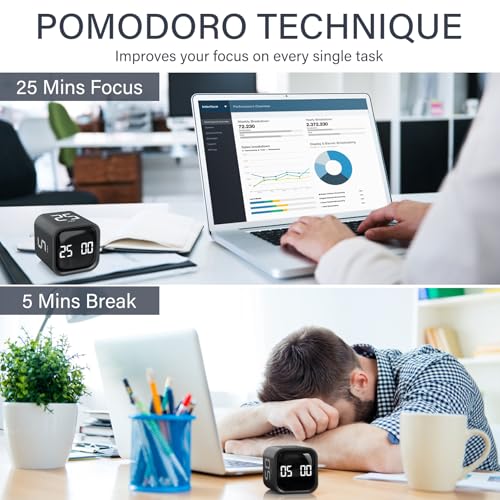 Rotating Pomodoro Timer 5, 25, 10 50 Minutes Preset, Desk Productivity Flip Timer, ADHD Tool Cube Countdown Stopwatch, Vibration/High/Low Volume/Custom Modes, for Work, Study, Back to School, Kitchen - color: Black