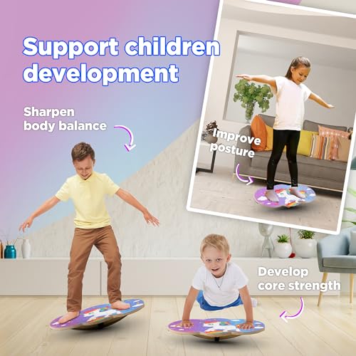 Wooden Balance Board Kids, Wobble Board For Balance, Balance Board Toddler Supporter, Balance Boards for Stability and Core Training - color: 3. Cross base- Unicorn