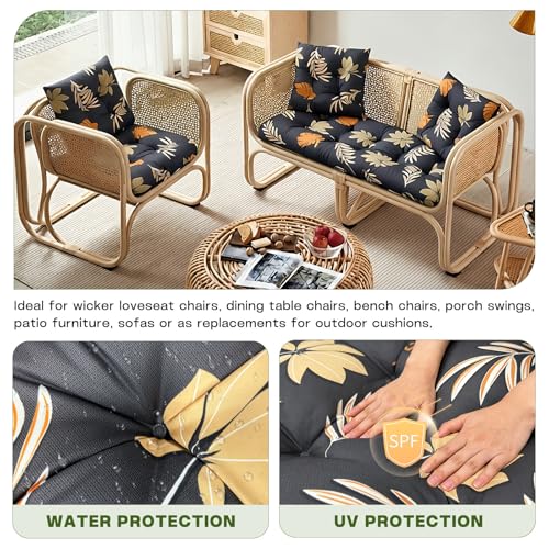 Wicker Chair Cushions Set, 2 U-Shaped Cushions & 1 Loveseat, Waterproof Outdoor Loveseat Cushion for Patio Furniture, Settee Bench Pad All Weather,YellowLeaf - color: Yellowleaf