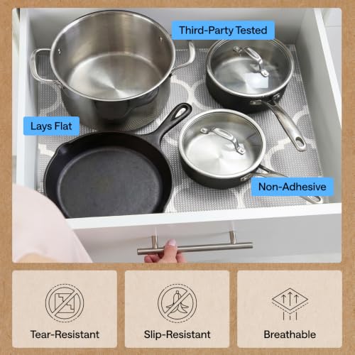 GORILLA GRIP powerGRIP Drawer Shelf and Cabinet Liner, Thick Strong Hold, Non-Adhesive Liners Protect Kitchen Cabinets and Cupboard, Bathroom Drawers, Easy Install, Breathable Mat, 12" x10' Quatrefoil - color: Quatrefoil: Gray/White, size: 12" X 10', styl