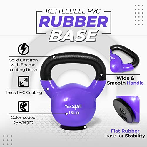 Yes4All Kettlebells Rubber Base, Kettlebell Set for Women, Strength Training Kettlebells Weights (10-65 lbs) - color: D. 15LB - Violet