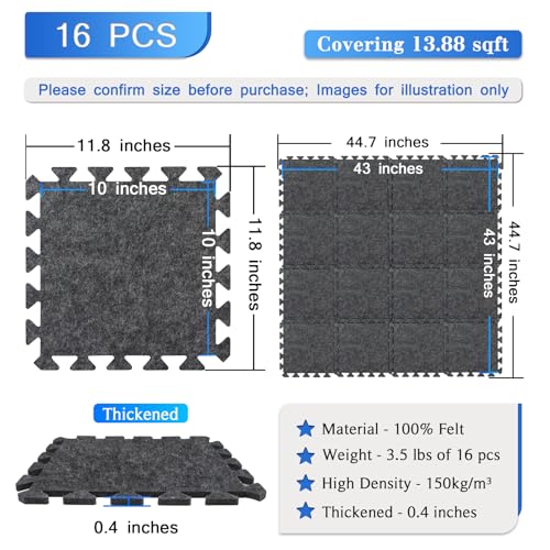 BXI Soundproof Interlocking Rug Pad 16 Pcs, 11x 11 x 0.4 inches Non Slip Rug Pads, High Density Noise Reduction Puzzle Felt Carpet Padding, Rug Mat Protects and Adds Cushion for Hardwood Floor - size: 16 Pcs