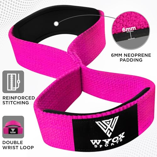 WYOX Figure 8 Lifting Wrist Straps for Weightlifting – Heavy Duty Padded Neoprene Wrist Support, Powerlifting & Strength Training Lift Straps for Deadlifts, Pull Ups, Rows, Shrugs, Gym Training Hand Grip Support for Bodybuilding - color: Pink, size: Stand