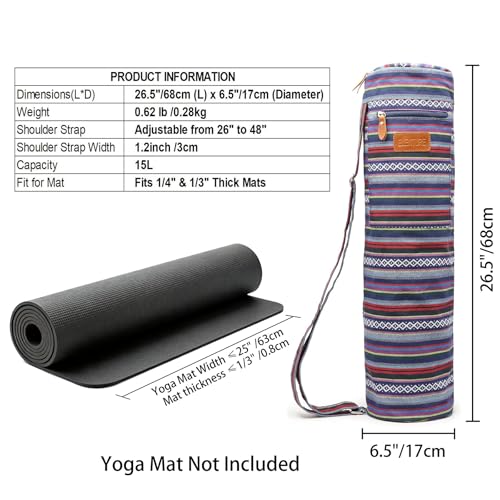 Yoga Mat Bag for Women & Men, Full-Zip Canvas Pilates Bag with Pockets | Lightweight Yoga Mat Carrier with Adjustable Shoulder Strap, Fits 1/4 & 1/3 Inch Thick Mats, for Studio Gym Travel Workout - color: Multicolor