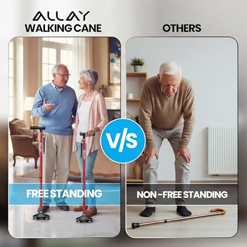 Allay Walking Canes for Men & Women - Adjustable Canes for Women for Stability, Self Standing Wide Quad Pivot Base, Light Weight, Soft Handle Grip and Travel Bag, Walking Sticks for Seniors - color: Red