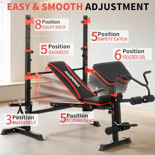 MAIDOMA 1500LBS Foldable 8 IN 1 Weight Bench Set, Adjustable Flat Incline Decline Bench Press with Upgraded Wide Squat Rack and Leg Extension for Full Body Home Gym Workout (US Stock) - color: coral red