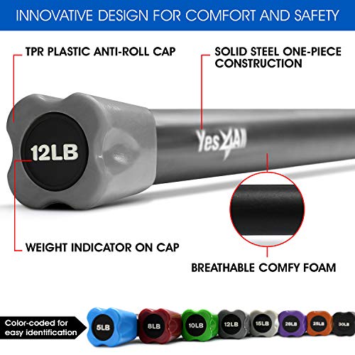 Yes4All Total Body Workout Weighted Bar, Resistance Band Bar, Racks for Strength Training, Exercise Bar for Yoga in Home and Gym - Single/Combo - color: Color-Coded, style: 12lbs Weighted Workout Bar